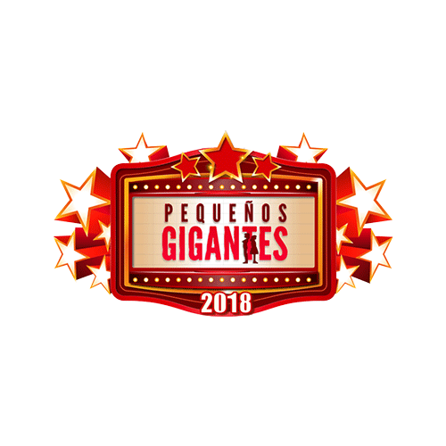 A red and gold sign with the words pequenos gigantes 2 0 1 8